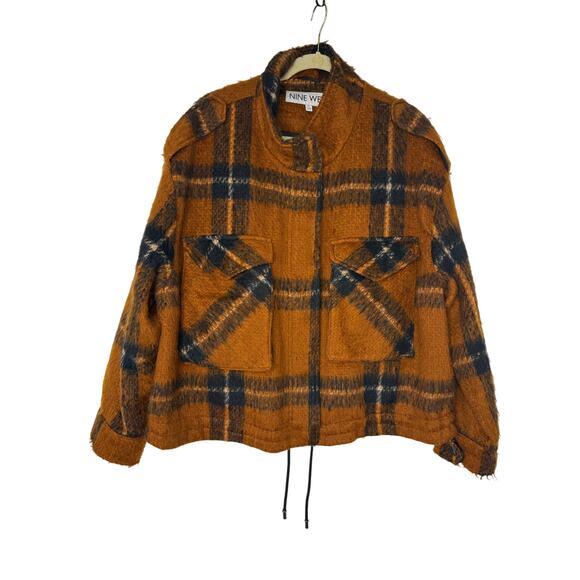 Nine West Plaid Cropped Shacket Jacket Women’s XL Brown Black Oversized - Picture 2 of 12